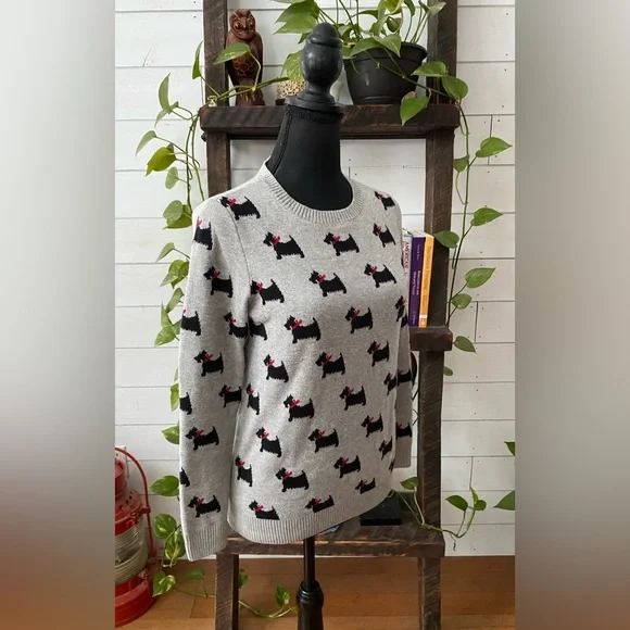 Charter Club: Gray Knit Crew Neck Sweatshirt Western Terrier Dogs with Red Bows - Picture 13 of 17